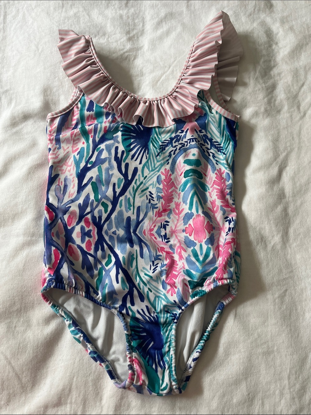 J. Bailey Tropical Print Swimsuit with Pink Striped Ruffle Trim, Size 12